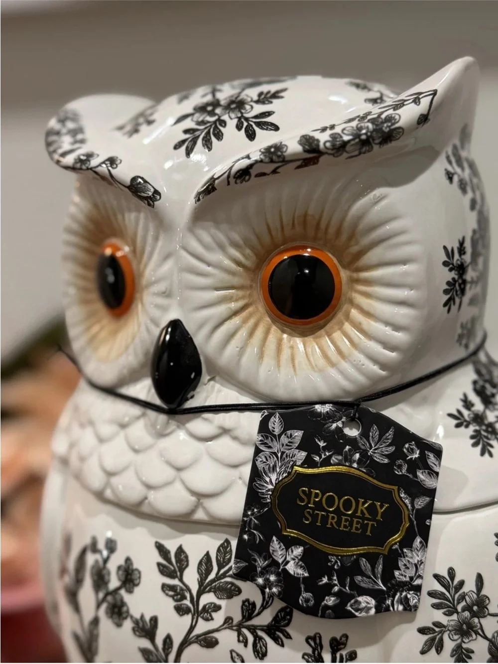 Spooky Street Owl Cookie Jar White Black Floral Toile Ceramic 78oz Halloween New